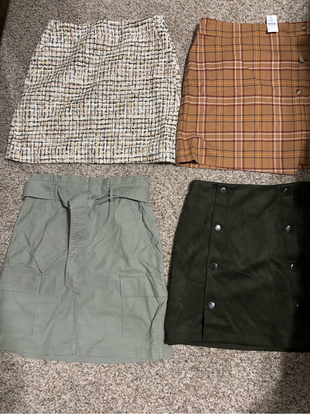 LOFT sequined tweed, gold plaid, olive cargo & dark olive velvet skirts. Size 4